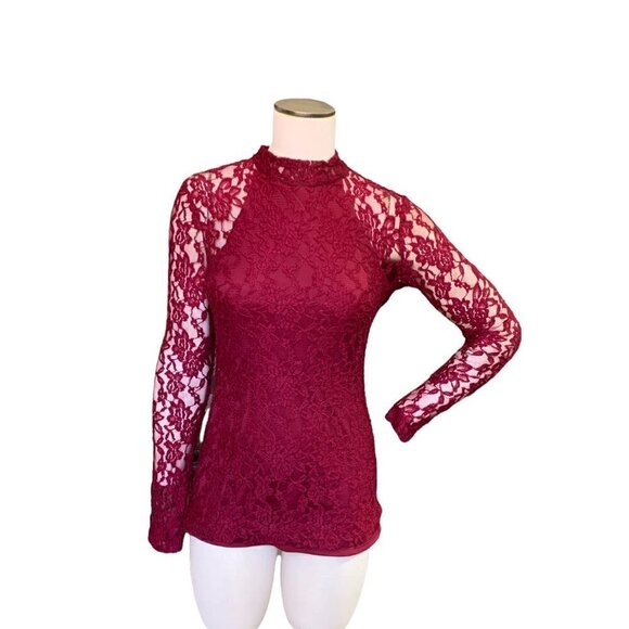 Socialite Lace Overlay Open Back Top Sz M High/Mock Neck Burgundy Red 12G - Picture 1 of 7